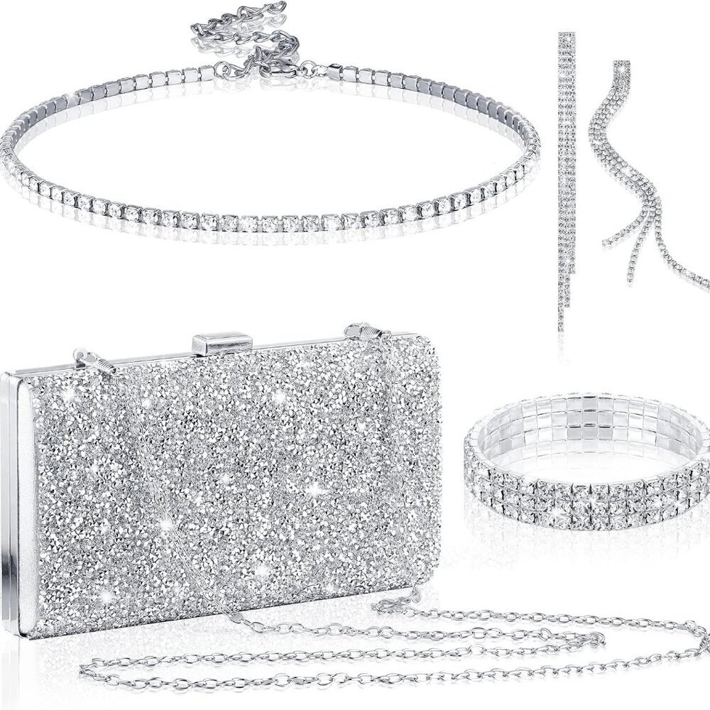 4 Pieces Women Rhinestone Evening Clutch Bag Bling Earring Necklace Bracelet for